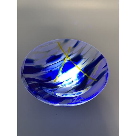 Cobalt Blue White Mottle Art Glass Trinket Dish Bowl 1” x 4" With Yellow Accent - Picture 9 of 9